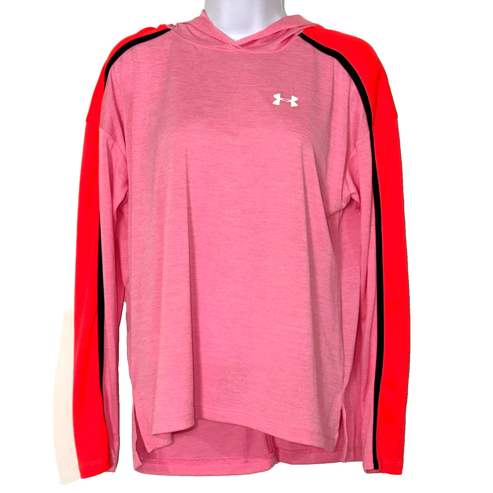 Under Armour Hoodie Womens Pink Orange Black Heatgear Loose Fit Tech Neon Euc